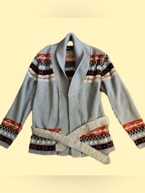 Genuine Vintage 1970’s VanCort Blue Patterned Cardigan, Original Belt, Boho, Fab